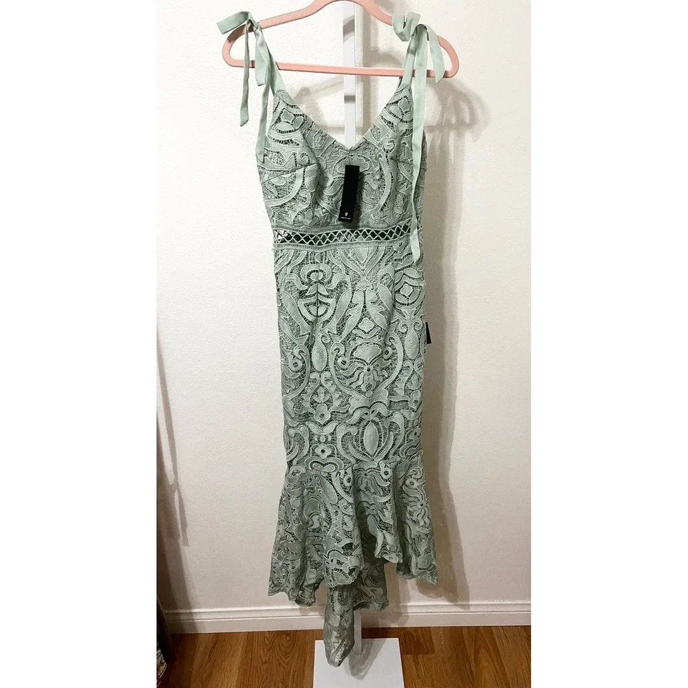 NWT Lulus‎ Won Your Heart Sage Green Lace Tie-Strap High-Low Midi Dress Small